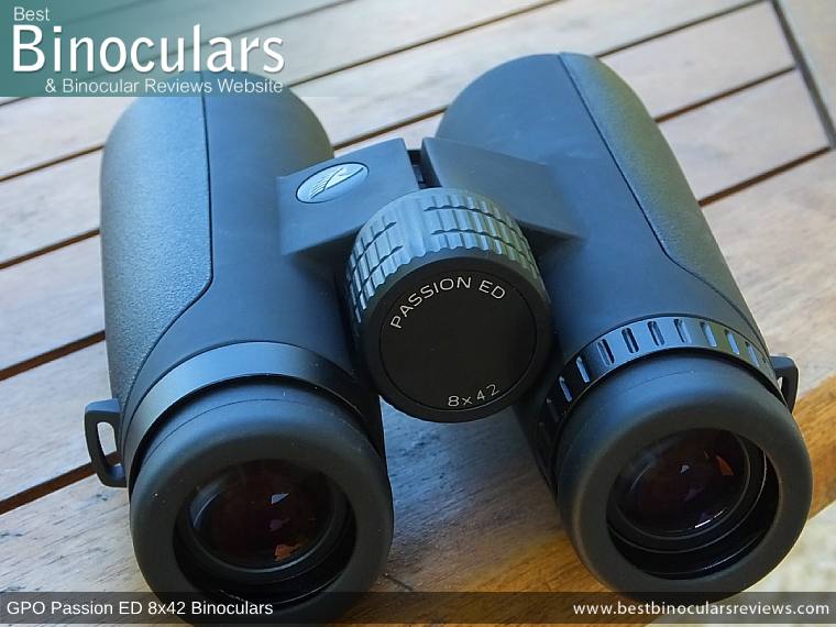 Eyecups and focus wheel on the GPO Passion ED 8x42 Binoculars
