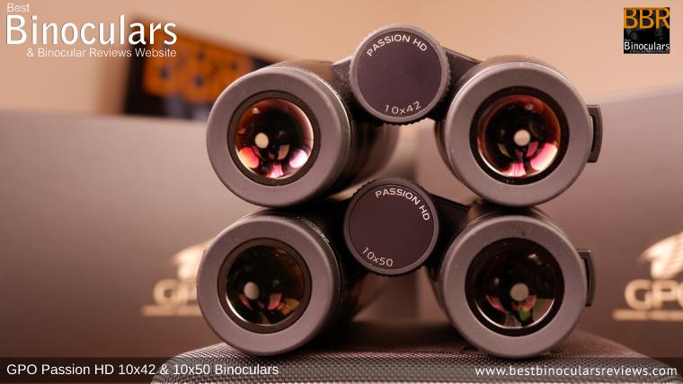 Ocular Lenses on the GPO Passion HD 10x50 and 10x42 Binoculars showing the different size exit pupils