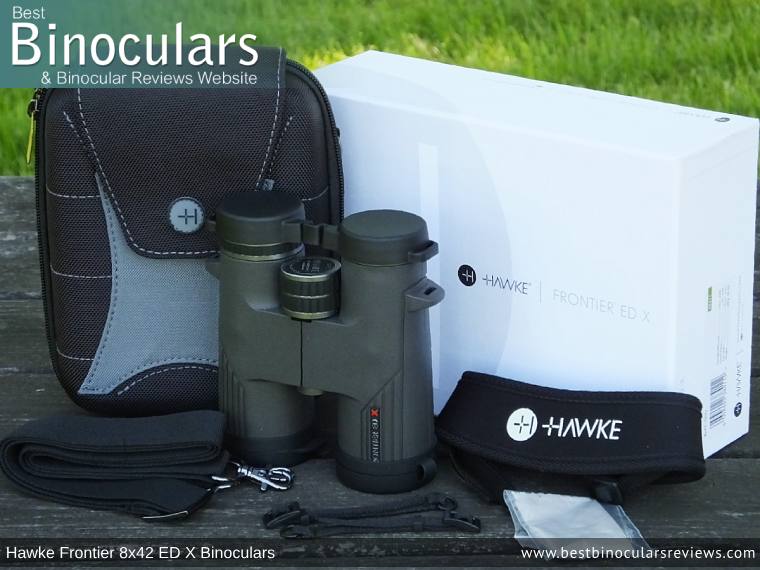Carry Case, Neck Strap, Cleaning Cloth, Lens Covers & the Hawke Frontier 8x42 ED X Binoculars
