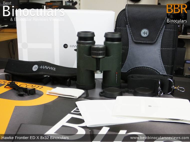 Hawke Frontier ED X 8x32 Binoculars and accessories plus packaging
