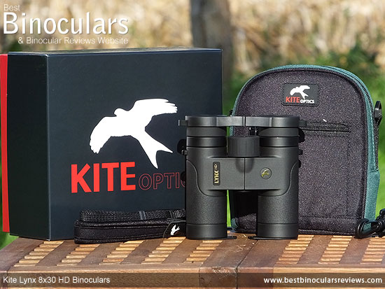 Kite Lynx HD 8x30 Binoculars with carry case, neck strap, lens covers and box