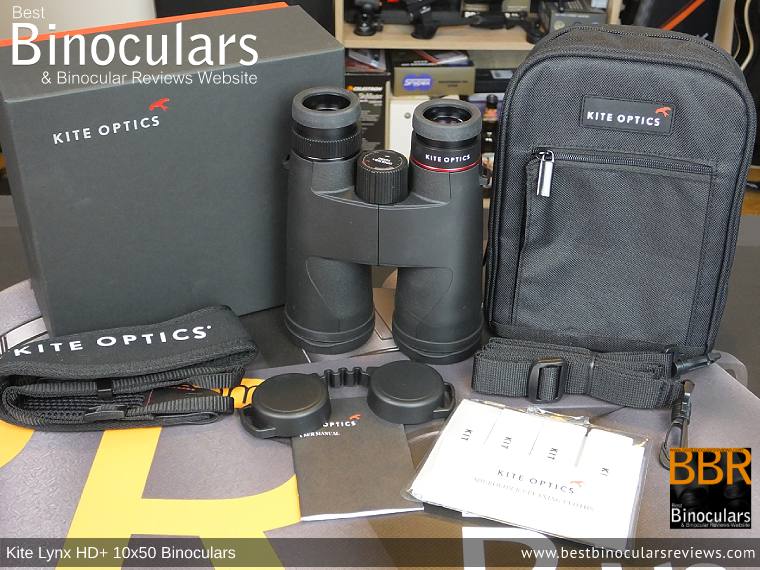 Bino Harness/Case, Neck Strap, Cleaning Cloth, Lens Covers & the Kite Lynx HD+ 10x50 Binoculars
