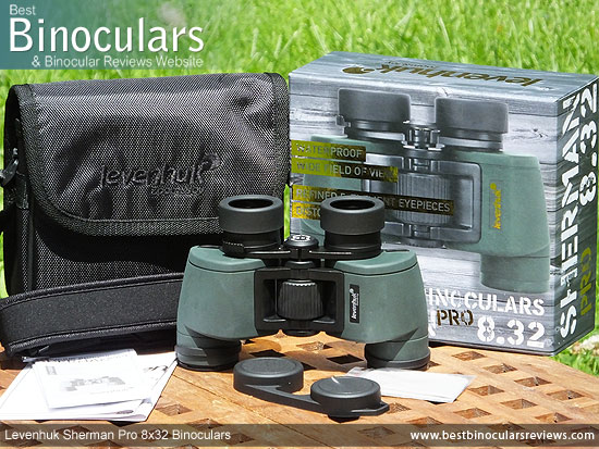 Carry Case, Neck Strap, Cleaning Cloth, Lens Covers & the Levenhuk Sherman Pro 8x32 Binoculars