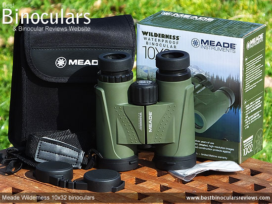 Meade Wilderness 10x32 Binoculars with neck strap, carry case, cleaning cloth & lens covers